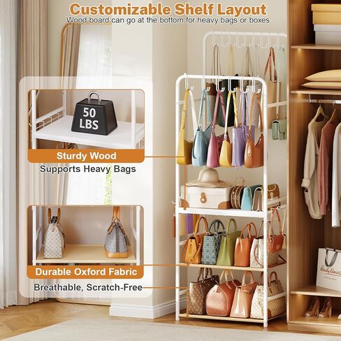 Large Tall Purse Organizer for Closet with 14 Purse Hanger, Double Rods Purse Rack Stand with 8 Side Hooks, 5-Tier Handbag Organizer Shelf, Space-Saving Purse Storage Organizer for Small Place in Kuwait