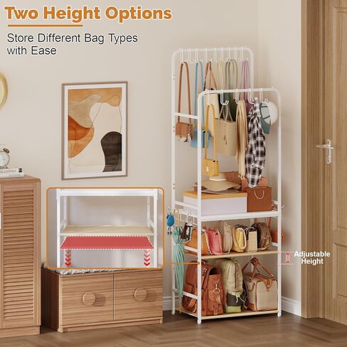 Large Tall Purse Organizer for Closet with 14 Purse Hanger, Double Rods Purse Rack Stand with 8 Side Hooks, 5-Tier Handbag Organizer Shelf, Space-Saving Purse Storage Organizer for Small Place in Kuwait