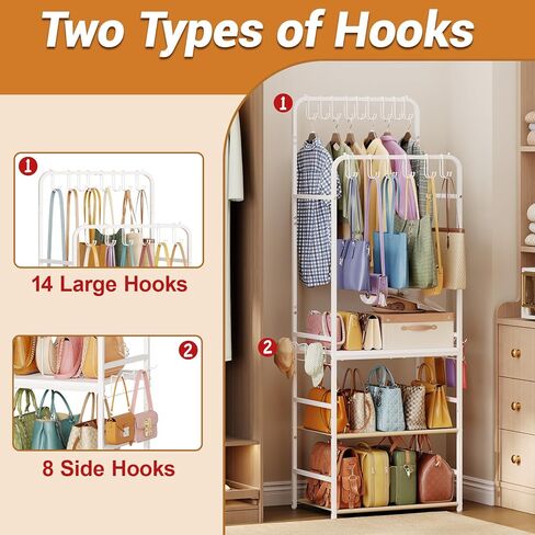 Large Tall Purse Organizer for Closet with 14 Purse Hanger, Double Rods Purse Rack Stand with 8 Side Hooks, 5-Tier Handbag Organizer Shelf, Space-Saving Purse Storage Organizer for Small Place in Kuwait