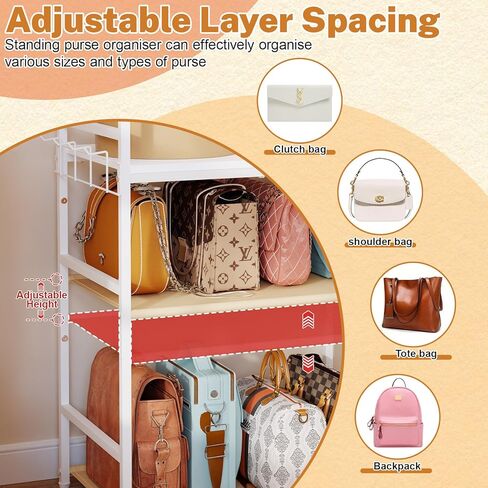 Large Tall Purse Organizer for Closet with 14 Purse Hanger, Double Rods Purse Rack Stand with 8 Side Hooks, 5-Tier Handbag Organizer Shelf, Space-Saving Purse Storage Organizer for Small Place in Kuwait