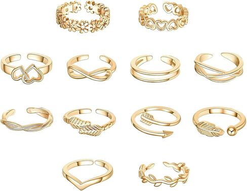 12PCS Toe Rings for Women 14K Gold Plated Toe Rings Adjustable Toe Ring Set Open Toe Rings Silver Toe Rings Heart Arrow Toe Ring Infinity Ring Beach Foot Jewelry for Summer in Kuwait