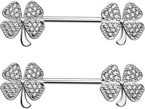14G Four Leaf Clover Nipple Rings for Women Girls Stainless Steel Sparkling CZ Straight Bar Barbell Nipple Studs Stylish Body Piercing Jewelry in Saudi Arabia