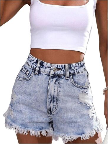 OYOANGLE Women's Ripped Frayed Hem Y2K Jean Shorts Distressed Washed Denim Shorts with Pockets in Saudi Arabia