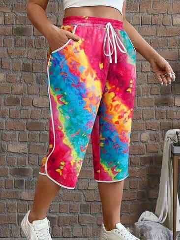 Womens Drawstring Elastic High Waist Plus Size Tie-Dye Style Print Casual Workout Lounge Summer Beach Shorts in Saudi Arabia