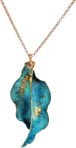قلادة مصنوعة يدويًا من أوراق النحاس، لون أزرق مخضر، تصميم معدني ريفي، سلسلة رولو من النحاس الصلب in Kuwait