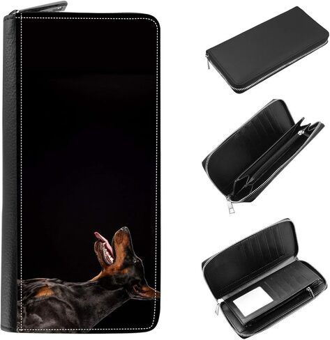محفظة نسائية بسحاب حولها ومقبض للهاتف - حجب RFID مع منظم حامل البطاقات - صورة لكلب دوبيرمان الألماني in Kuwait