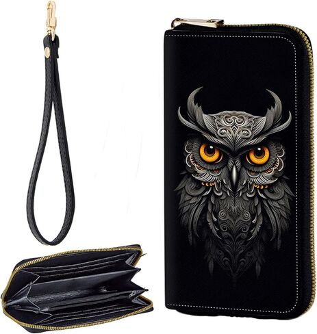 Zip Around Wallets for Women with Detachable Wrist Strap, Large Capacity RFID Blocking Leather Purse Organizer Card Holder Wristlet,Beautifull Owl Abstract in Saudi Arabia