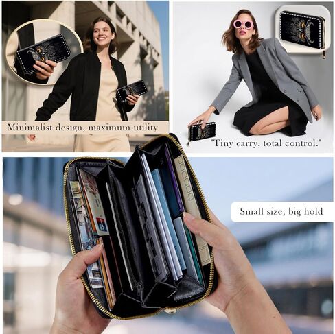 Zip Around Wallets for Women with Detachable Wrist Strap, Large Capacity RFID Blocking Leather Purse Organizer Card Holder Wristlet,Beautifull Owl Abstract in Saudi Arabia