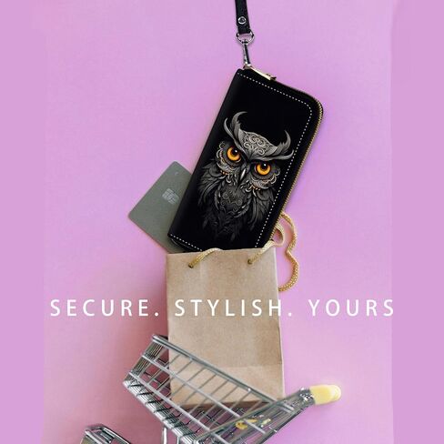 Zip Around Wallets for Women with Detachable Wrist Strap, Large Capacity RFID Blocking Leather Purse Organizer Card Holder Wristlet,Beautifull Owl Abstract in Saudi Arabia
