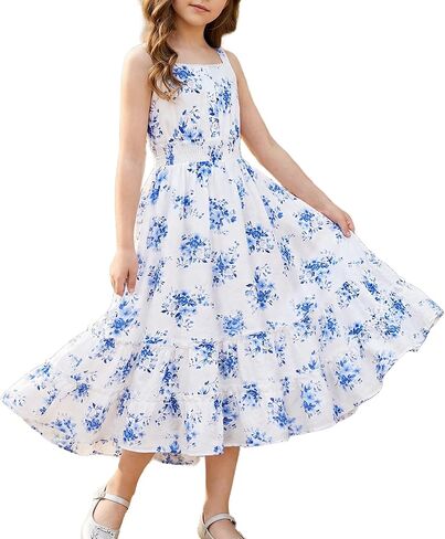 GRACE KARIN Girls Summer Floral Dress Kids Long Spring Easter Dresses Teens Button Front Straps Flower Hawaiian Sundress 7-14 in Saudi Arabia