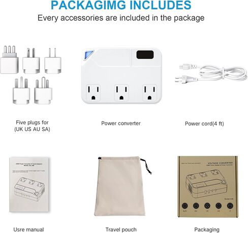 قابس تحويل 250 وات، محول سفر دولي مزود بمنفذين USB ومنفذين USB-C، خفض 220 فولت إلى 110 فولت لمناطق 100 فولت - 240 فولت ومقابس بلدان مختلفة باستخدام الأجهزة الكهربائية الأمريكية in Kuwait