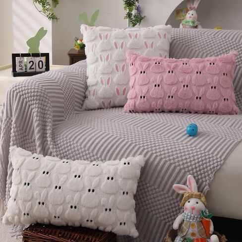 DFXSZ عيد الفصح وسادة يغطي 18x18 بوصة مجموعة من 2 زينة عيد الفصح آذان الوردي أرنب أبيض لينة أفخم فو الفراء الجاكار رمي الوسائد لغرفة النوم أريكة عطلة المهرجانات ديكور المنزل FHJ-07D18 in Kuwait