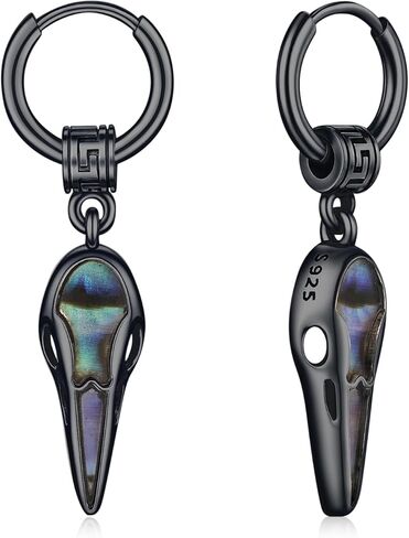 MEDWISE Viking Raven Hoop Earrings for Men 925 Sterling Silver Punk Earrings Huggie Men's Hanging Abalone Shell Jewelry Gift for Women Men Husband Brother Unisex Birthday Christmas Gifts in Saudi Arabia
