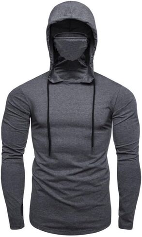 Men's Youth Fitted Hooded Long Sleeve T-Shirt with Face Mask & Drawstring, Solid Color Athletic Top, All Season Wear Grey in Saudi Arabia