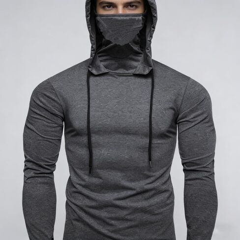 Men's Youth Fitted Hooded Long Sleeve T-Shirt with Face Mask & Drawstring, Solid Color Athletic Top, All Season Wear Grey in Saudi Arabia