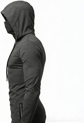 Men's Youth Fitted Hooded Long Sleeve T-Shirt with Face Mask & Drawstring, Solid Color Athletic Top, All Season Wear Grey in Saudi Arabia