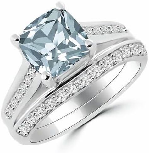 Jewels by Parijaat 1.20 Cttw قطع وسادة مكونة من الزبرجد الأزرق والألماس الأبيض مجموعة خاتم الزفاف مع شريط من الذهب الأبيض عيار 14 قيراط أكثر من 925 الفضة الاسترليني in Saudi Arabia