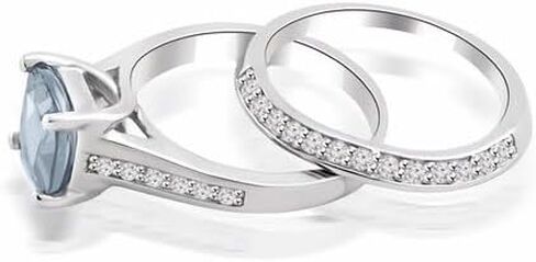 Jewels by Parijaat 1.20 Cttw قطع وسادة مكونة من الزبرجد الأزرق والألماس الأبيض مجموعة خاتم الزفاف مع شريط من الذهب الأبيض عيار 14 قيراط أكثر من 925 الفضة الاسترليني in Saudi Arabia