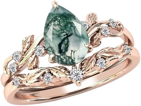 مجموعة خواتم خطوبة من عقيق الطحلب للنساء، طلاء من الفضة الإسترليني عيار 925، ذهب أبيض عيار 18 قيراط، 2 قيراط، خاتم زفاف من عقيق الطحلب، خاتم مويسانيتي مزين بأوراق الشجر للنساء (مقاس 3-13) in Kuwait