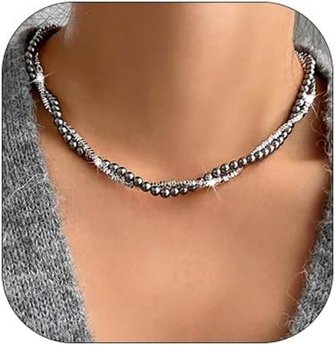Elegant Layered Pearl Choker Necklace for Women Twisted Two Strand Statement Collar Necklaces Sparkling Faux Pearl Beaded Necklace Fashion Jewelry in Saudi Arabia