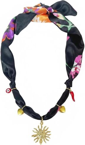 Scarf Necklace for Women Choker Necklace Stainless Steel Heart Pendant Trendy Vintage Handmade Charm Jewelry Gift Green Silk Bandana Western Bohemian in Saudi Arabia