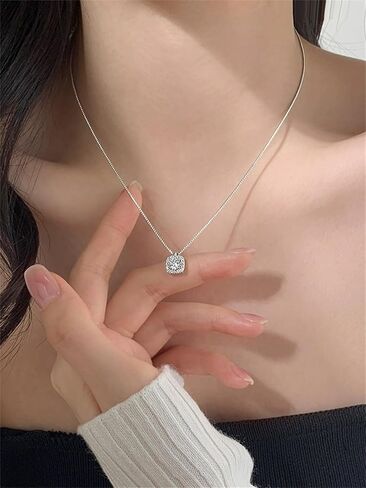 Silver Square Diamond Necklaces for Women Dainty Sparkly Cubic Zirconia Pendant Choker Necklace Gift Trendy in Saudi Arabia