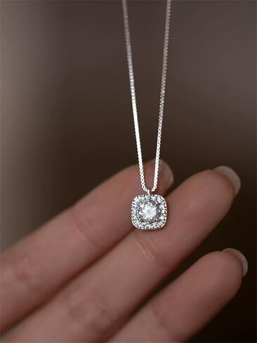 Silver Square Diamond Necklaces for Women Dainty Sparkly Cubic Zirconia Pendant Choker Necklace Gift Trendy in Saudi Arabia