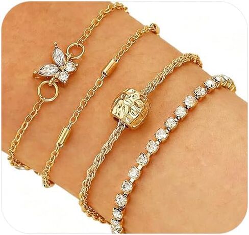 4Pcs Chunky Gold Bracelets for Women Girls Boho Stackable Bangle Cuff Bracelet Set Layered Link Chain Bracelet Adjustable Butterfly Pearl CZ Tennis Statement Bracelets Dainty Jewelry Gifts in Kuwait