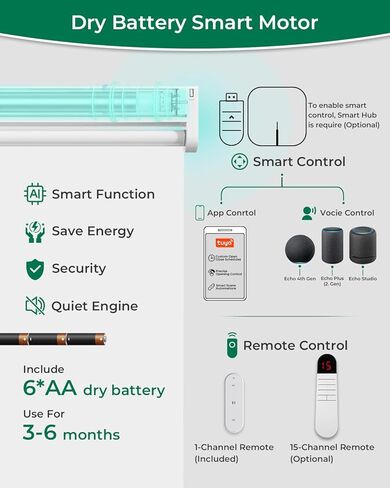 Allesin ستائر دوارة بمحرك مع جهاز تحكم عن بعد للنوافذ، ظلال ذكية أوتوماتيكية للتعتيم، ستارة كهربائية تعمل بالبطارية الجافة (أبيض ثلجي 23 بوصة عرض × 72 بوصة ارتفاع) in Kuwait