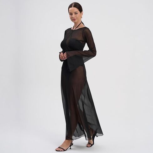 ELUWE Women’s Sheer Mesh Beach Cover Up - Long Sleeve See Through Maxi Dress in Saudi Arabia