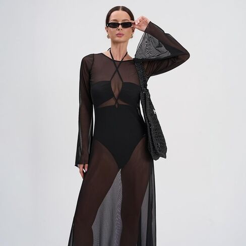 ELUWE Women’s Sheer Mesh Beach Cover Up - Long Sleeve See Through Maxi Dress in Saudi Arabia