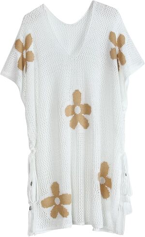 shermie Women's Mesh Beach Cover Up Dress V Neck Side Split Floral Pattern Crochet Knit Swimsuit Coverup in Saudi Arabia