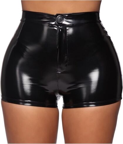 SEMATOMALA شورت نسائي معدني سائل ذو مظهر رطب أسود غنيمة عالي الخصر Bodycon نحيل Rave PVC كلوبوير in Saudi Arabia