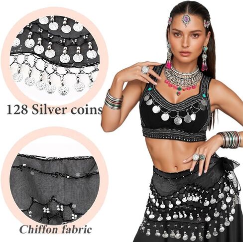 المرأة 2 قطعة الرقص الشرقي الورك والأوشحة الرقص الشرقي أعلى وتنورة مجموعة الرقص عملات فضية التنانير لجميع القديسين in Kuwait
