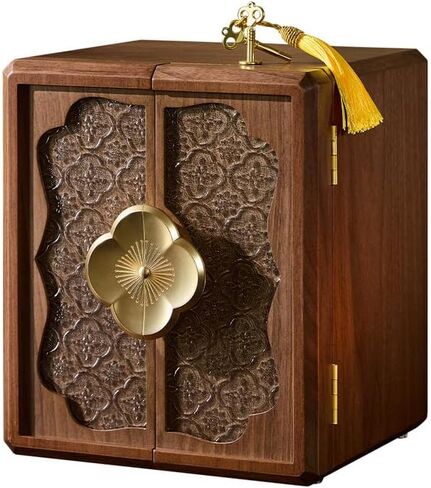 صندوق مجوهرات من خشب الجوز قابل للقفل مع مفتاح، صندوق تخزين منظم المجوهرات من 5 طبقات، حامل خشبي للقلائد والخواتم والأقراط والأساور (9.05 طول × 7.87 عرض × 10.43 ارتفاع) in Kuwait