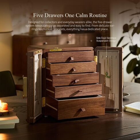 صندوق مجوهرات من خشب الجوز قابل للقفل مع مفتاح، صندوق تخزين منظم المجوهرات من 5 طبقات، حامل خشبي للقلائد والخواتم والأقراط والأساور (9.05 طول × 7.87 عرض × 10.43 ارتفاع) in Kuwait