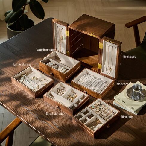 صندوق مجوهرات من خشب الجوز قابل للقفل مع مفتاح، صندوق تخزين منظم المجوهرات من 5 طبقات، حامل خشبي للقلائد والخواتم والأقراط والأساور (9.05 طول × 7.87 عرض × 10.43 ارتفاع) in Kuwait
