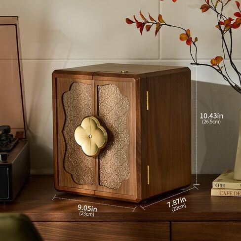 صندوق مجوهرات من خشب الجوز قابل للقفل مع مفتاح، صندوق تخزين منظم المجوهرات من 5 طبقات، حامل خشبي للقلائد والخواتم والأقراط والأساور (9.05 طول × 7.87 عرض × 10.43 ارتفاع) in Kuwait