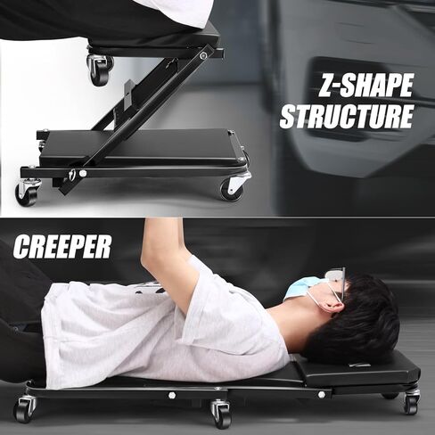 DNA Motoring 36 Inches Folding 2 in 1 Rolling Z Creeper, Adjustable Roller Garage Chair Lay Down or Sit, 6 Pcs Casters, 330 LBS / 150kg Weight Capacity, Black, TOOLS-00493 in Saudi Arabia