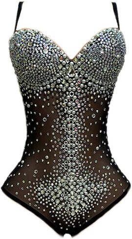 Sexy See Through Rhinestones Mesh Sleeveless Leotard Women Night Bar Dance Bodysuit Transparent Sling Clubwear Stage Wear in Saudi Arabia