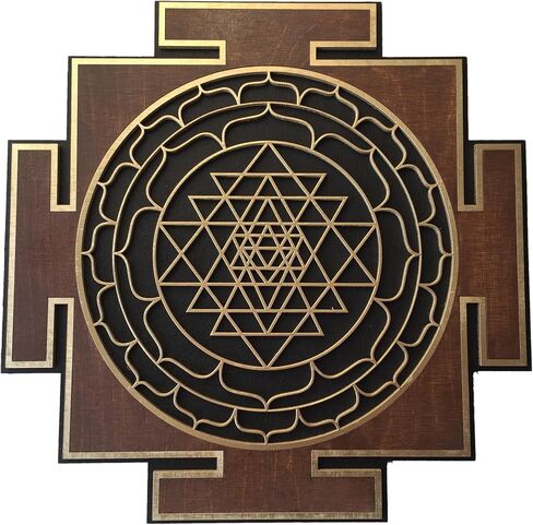 لوحة فنية جدارية خشبية من Anatoliawood Sri Yantra باللون البني والأسود للهندسة المقدسة ماندالا 50 سم (19.7 بوصة)، ديكور حائط روحاني مقطوع بالليزر، تعليق على جدار غرفة اليوجا للتأمل in Kuwait