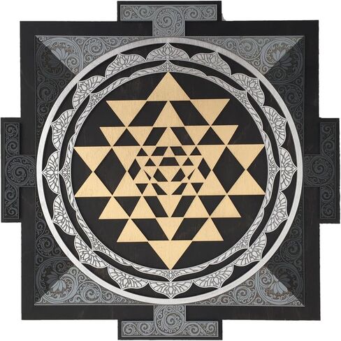 لوحة فنية جدارية خشبية من Anatoliawood Sri Yantra مقاس 40 سم (15.7 بوصة)، هندسة ماندالا المقدسة باللون الذهبي الأسود، ديكور حائط للتأمل مقطوع بالليزر، تعليق على جدار غرفة اليوغا الروحية in Kuwait