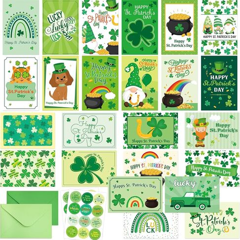 ceiba tree 24Pcs St. Patrick's Day Cards Assorted Shamrock Green Greeting Cards with Envelopes and Stickers for Happy St Patrick's Day Supplies in Saudi Arabia