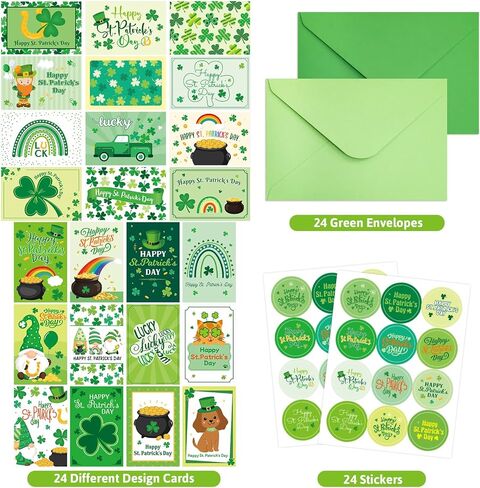 ceiba tree 24Pcs St. Patrick's Day Cards Assorted Shamrock Green Greeting Cards with Envelopes and Stickers for Happy St Patrick's Day Supplies in Saudi Arabia