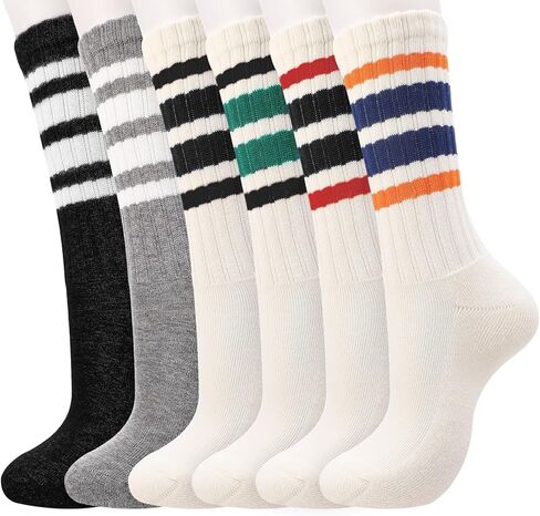 6 Pairs Retro Striped Crew Socks Calf Novelty Athletic Breathable Soft Cotton Slouch Socks Size 5-9 for Women in Saudi Arabia