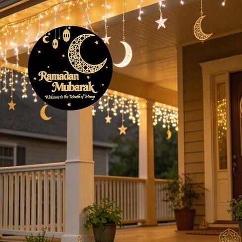 ديكور رمضان إكليل رمضان المبارك الخشبي لعلامة الباب الأمامي إكليل عيد مبارك معلق لديكور المنزل الإسلامي وديكورات العيد in Kuwait