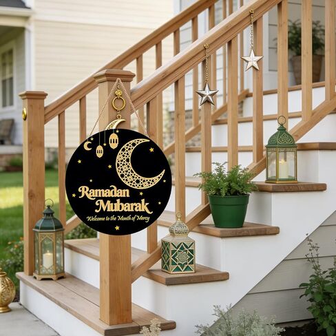 ديكور رمضان إكليل رمضان المبارك الخشبي لعلامة الباب الأمامي إكليل عيد مبارك معلق لديكور المنزل الإسلامي وديكورات العيد in Kuwait