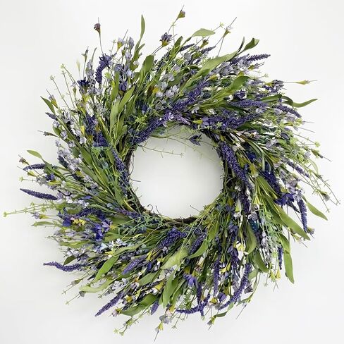 Jobflower 24 Inch Lavender Wreath for Front Door - Artificial Spring Wreath with Realistic Blue Berries - Lifelike Farmhouse Wall Decor for All Seasons in Saudi Arabia