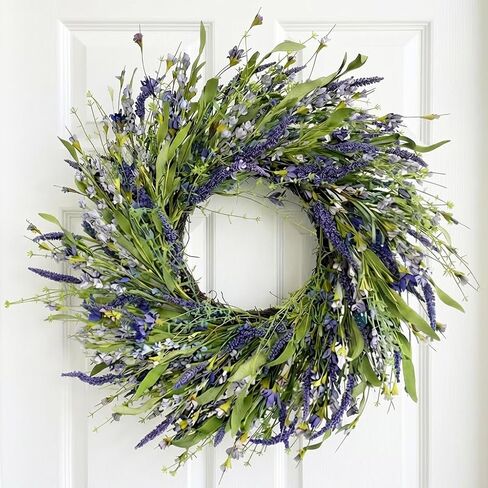 Jobflower 24 Inch Lavender Wreath for Front Door - Artificial Spring Wreath with Realistic Blue Berries - Lifelike Farmhouse Wall Decor for All Seasons in Saudi Arabia