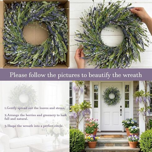 Jobflower 24 Inch Lavender Wreath for Front Door - Artificial Spring Wreath with Realistic Blue Berries - Lifelike Farmhouse Wall Decor for All Seasons in Saudi Arabia